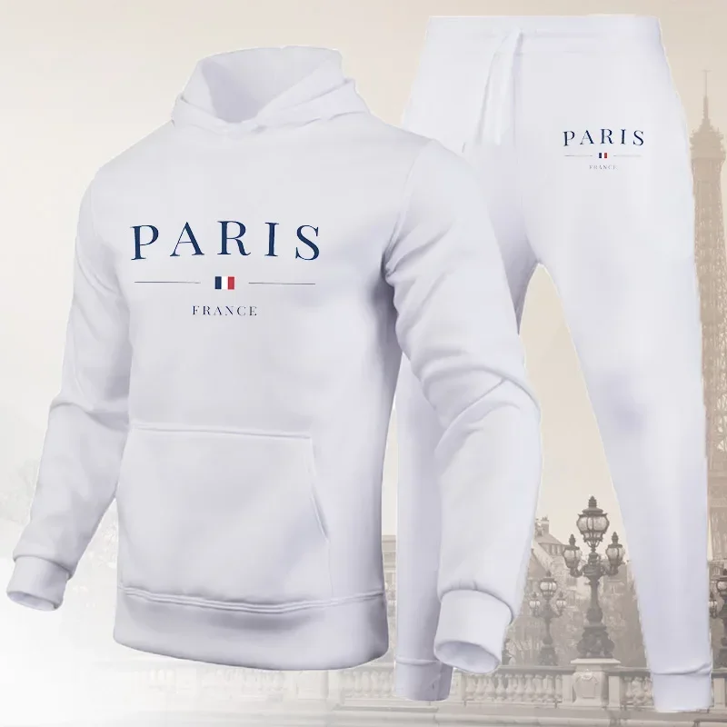 Men's sportswear set, Parisian printed hooded sweatshirt and sweatpants 2-piece set, men's hooded jogging pants set, casual stre