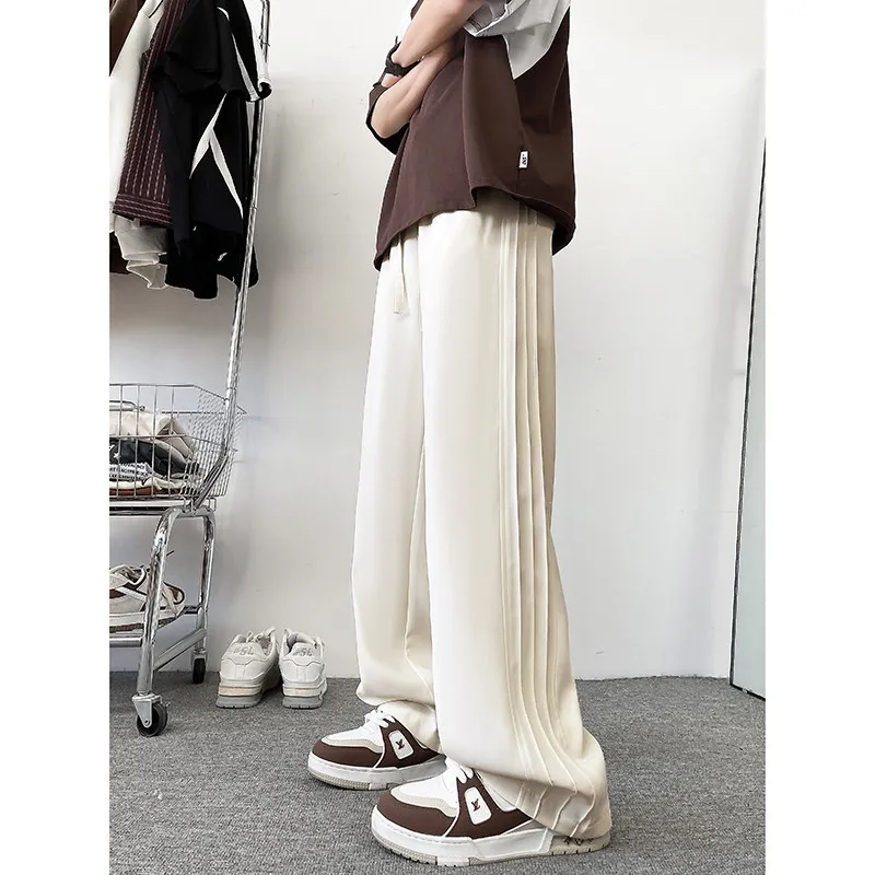 

Летние тонкие брюки из ледяного шелка с широкими штанинами, повседневные длинные брюки для мужчин, спортивные брюки в полоску, прямые, длиной в пол, струящиеся, легкие