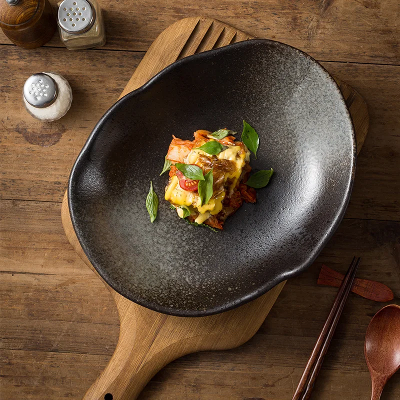 Household Restaurant Simple Style Plates Black Color High-end Irregular Dinner Plate Vintage Ceramic Kiln Transformed Deep Dish