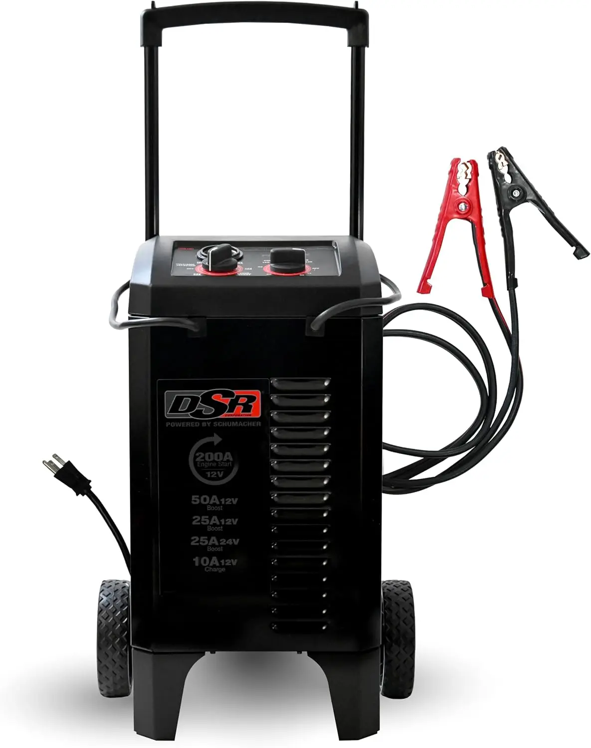 

Dual 12V/24V Heavy-Duty Battery Charger & Jump Starter with 200A Power, Timer, and Wheels for Cars/Trucks