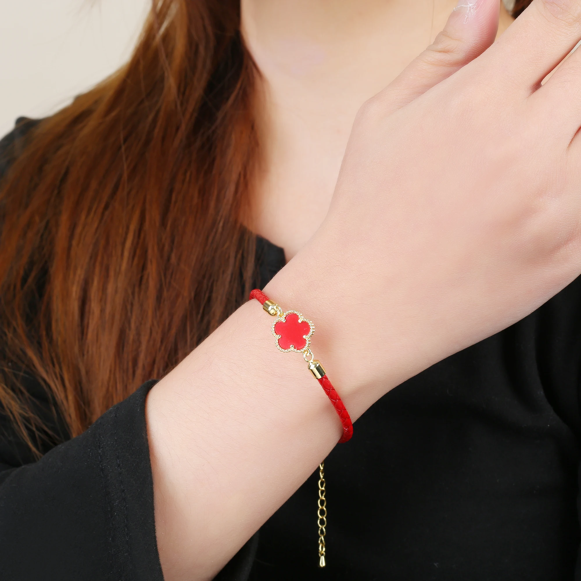 Classic Genuine Leather Woven Natural Stone Flower Charm Bracelet