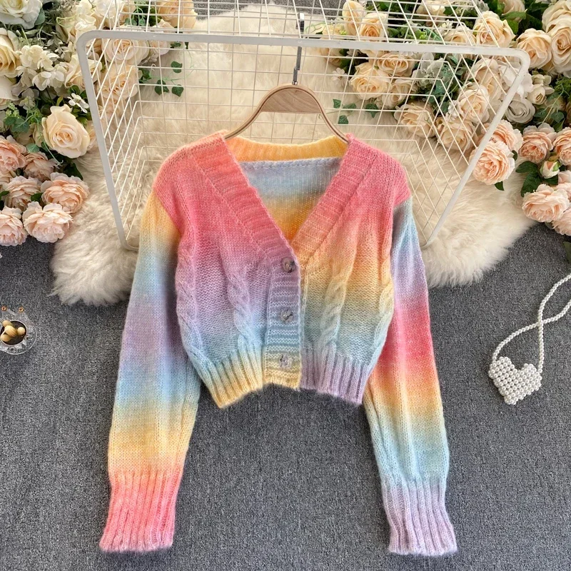 litmage Autumn Winter Women's Sweater Korean Casual Rainbow Striped V-neck Sweater New Loose Long-sleeved Short Cardigans HH531