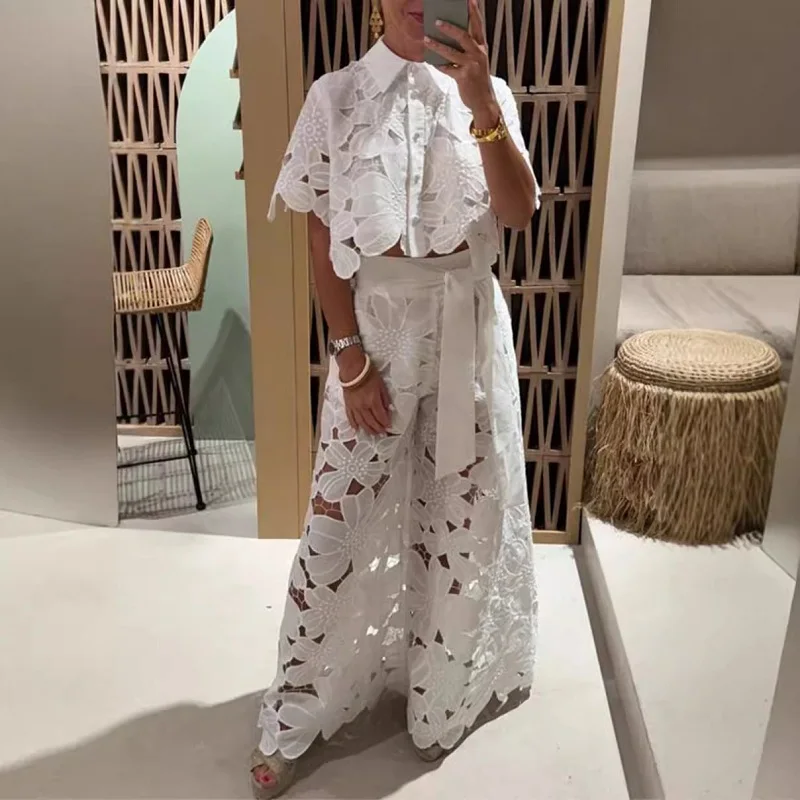 Spring Embroidery Hook Flower Hollow Crochet Set Women 2 Pieces Polo-Neck Button Tops+Wide Leg Pants Outfits Sexy Lace Fall Suit