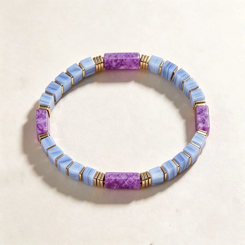 Natural Veined Simple Crystal Stone Bracelet Adjustable Rope Square Cut Square Stone Bangle Stackable Polished Block Shape