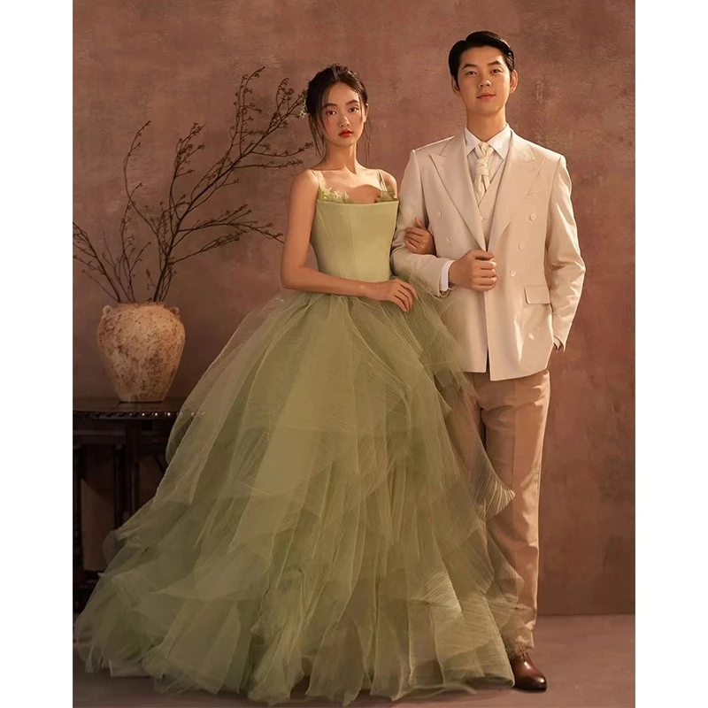 Green Wedding Dress Fashion 2025 New Sling Sleeveless Princess Fluffy Skirt Formal Dress Women Elegant Evening Party Dresses