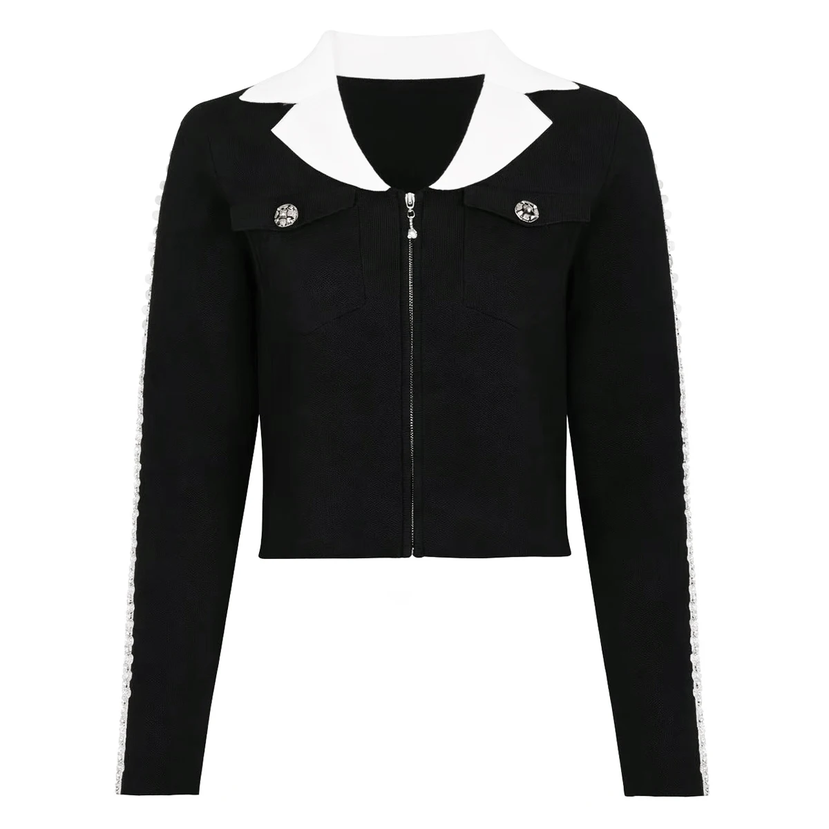 

2631 Two Color High-quality In Stock New Nail Bead Sequin Elastic Knitted Casual Style Cardigan Jacket Women's Set