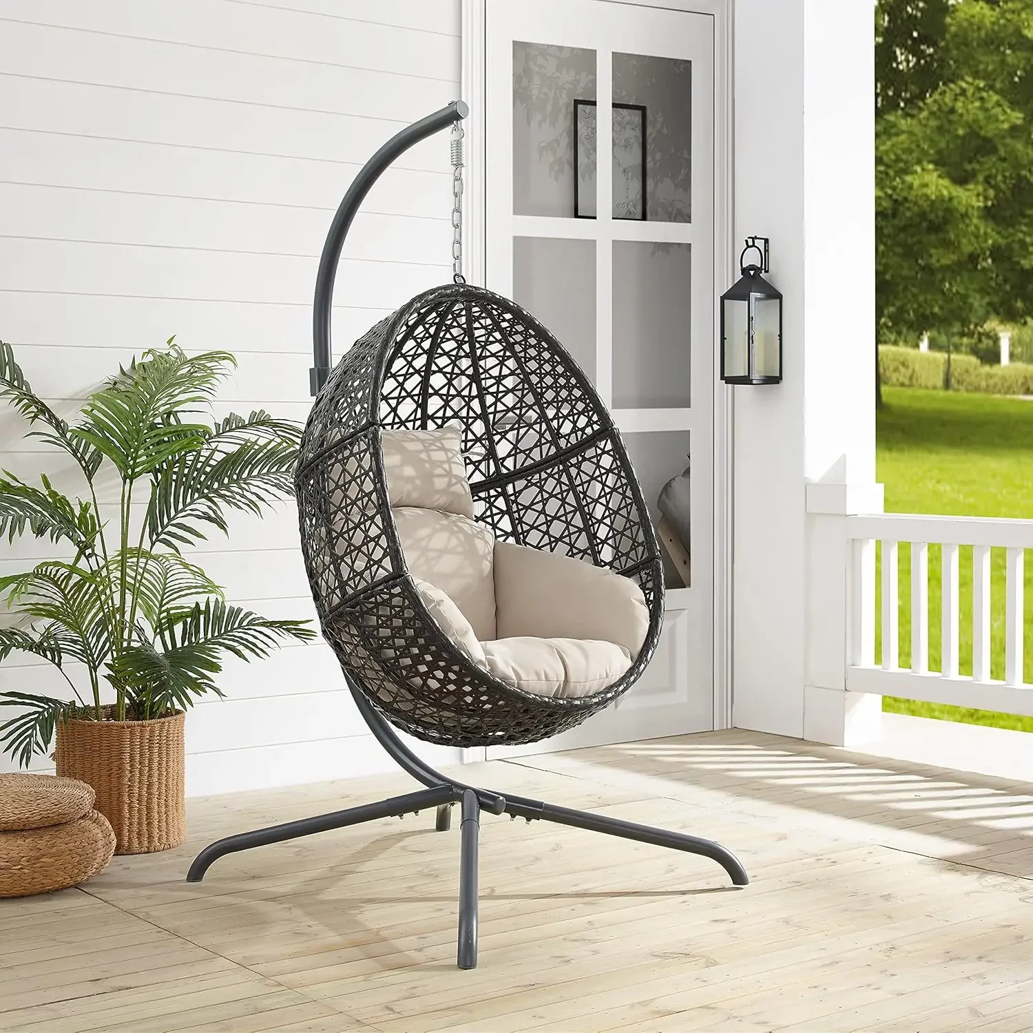 Crosley Furniture KO70231DB Calliope Indoor/Outdoor Wicker Hanging Egg Chair with Stand, Sand