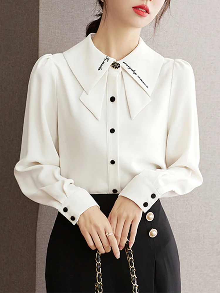 Solid Color Casual Women Blouses French Retro Loose Button Up Long Sleeve Lady Shirts Tops Basic Lapels Shirt