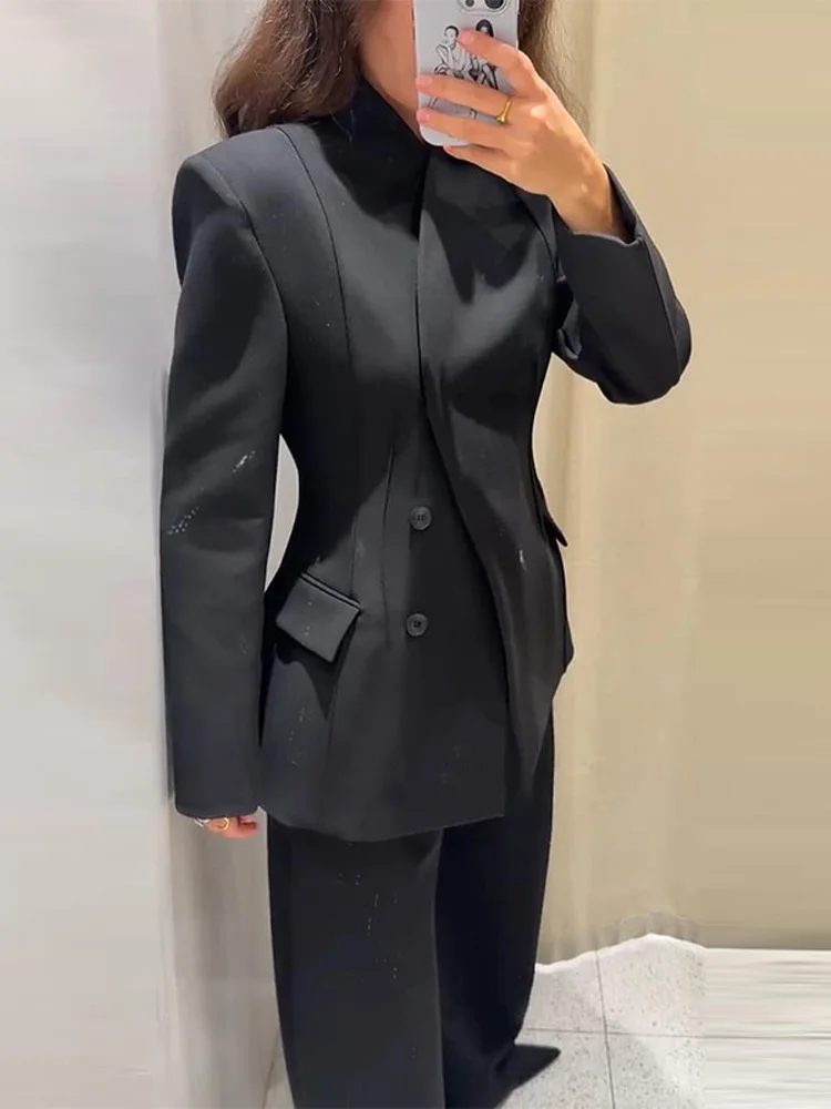 Ležérní sako s stojáčkem, dámský oblek, plný rukáv, knoflíky, pas, bundy s vysokým pasem, kalhoty na zip, volné kalhoty, obleky 2025 - náhled 2