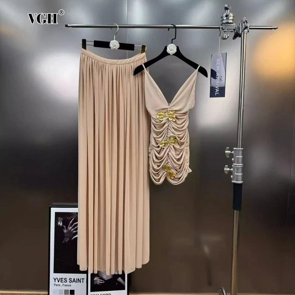 

VGH Two Piece Set for Women V Neck Sleeveless Patchwork Bowknot Folds Camisole High Waist Pleated Skirt Sexy Party Suits Female