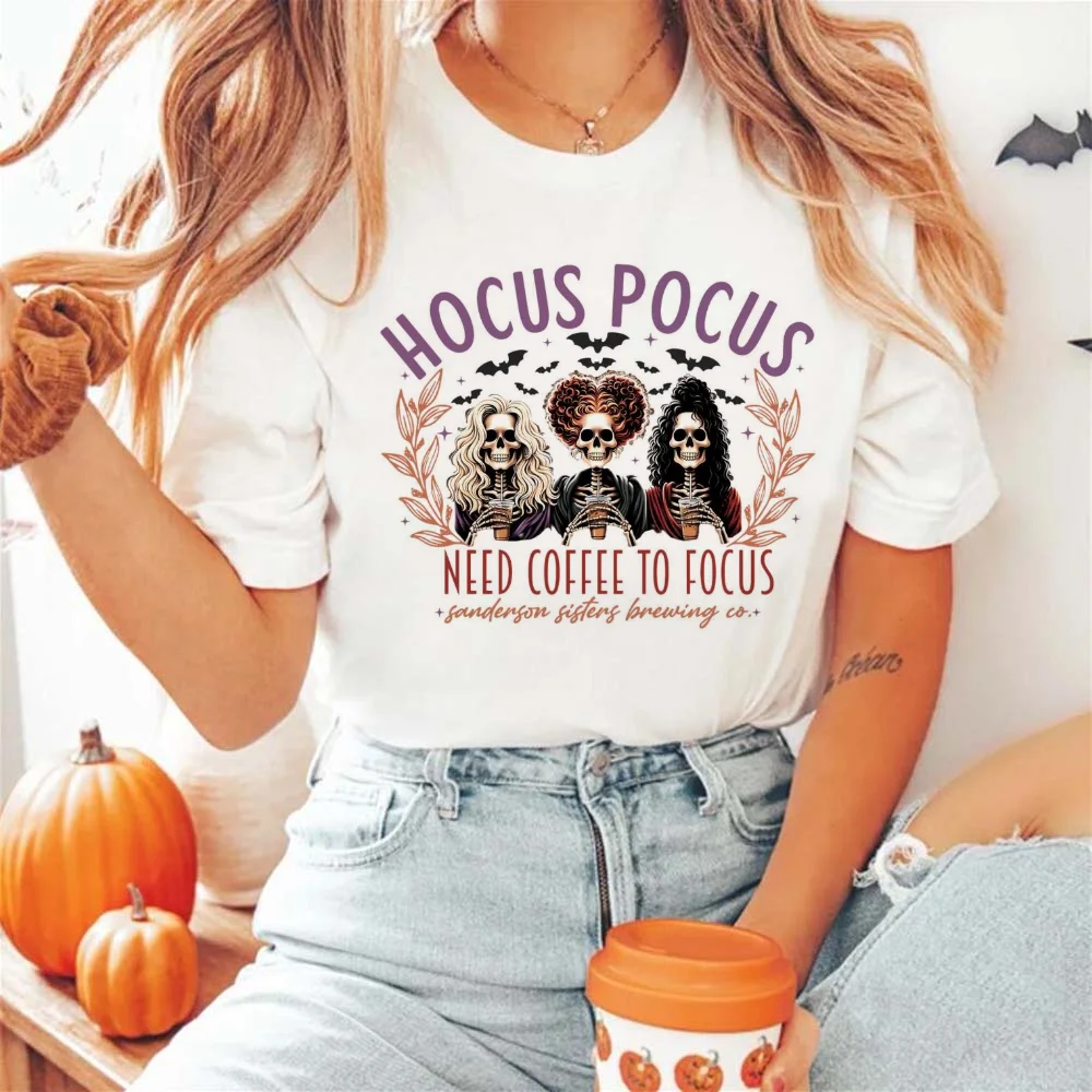 Hocus Pocus I Need Coffee To Focus T-Shirt Printed Pattern Fashion New Year Holiday Short Sleeve Women\'s O-Neck Top Retro T-Shir