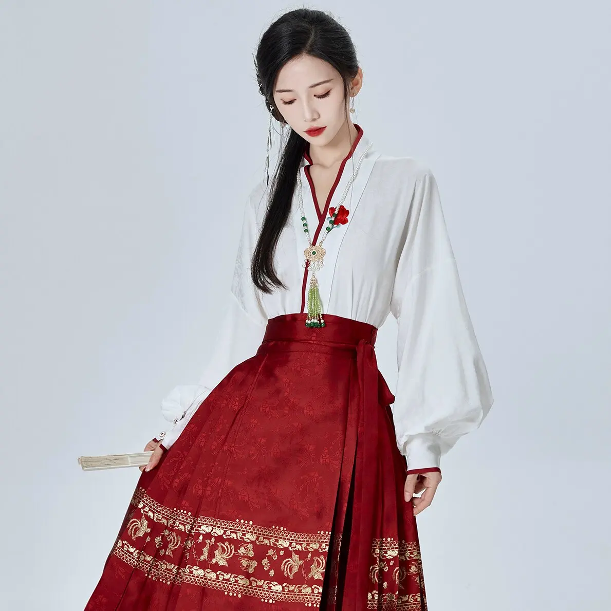 New Chinese Style National Trend Gold Weave  Tailed Skirt Women's Daily Red Slim Long Dress Collar Modified Airplane Sleeve