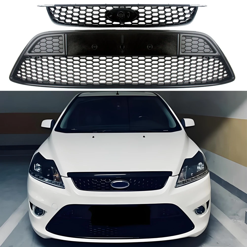 Glossy Black Honeycomb Front Bumper Upper&Lower Grille For Ford Focus ST MK2  2009-2013 2009 2010 2011 2012 2013