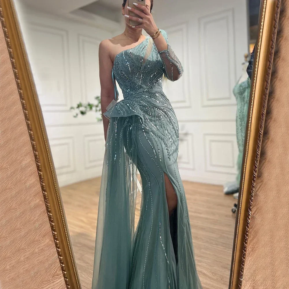 Serene Hill 2025 Dubai Turquoise Mermaid Sexy Beaded One Shouder Slit Evening Dresse Gowns Wedding Party GLA72062 Customized