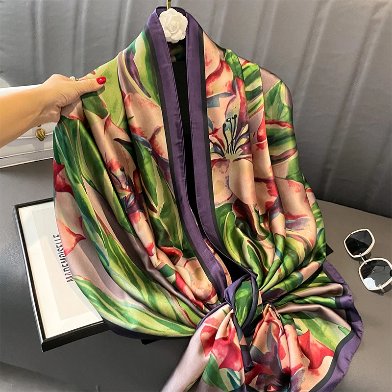 2023 Silk Scarves Women Luxury Brand Hijab Scarf Floral Foulard Femme Shawls Wraps Silk Bandana Head Scarf Hijab Beach Poncho