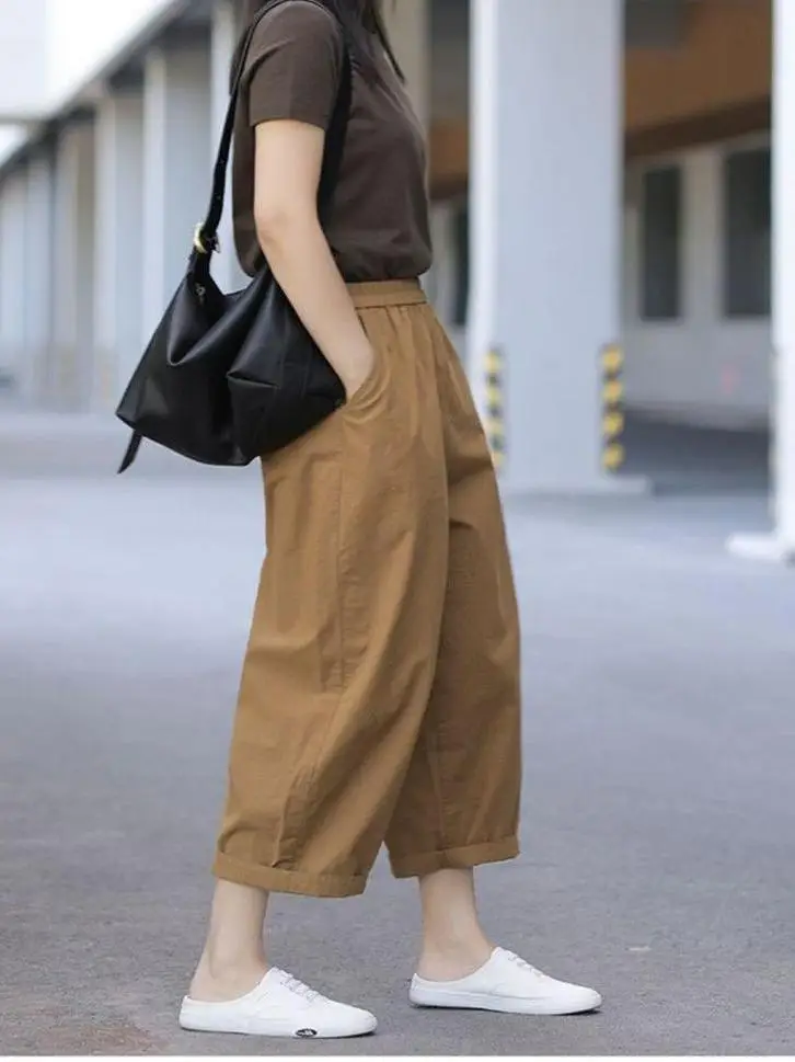 

Женские брюки больших размеров с высокой талией и широкими штанинами, повседневные, свободного кроя, из чистого хлопка, художественные, летние, для полных женщин