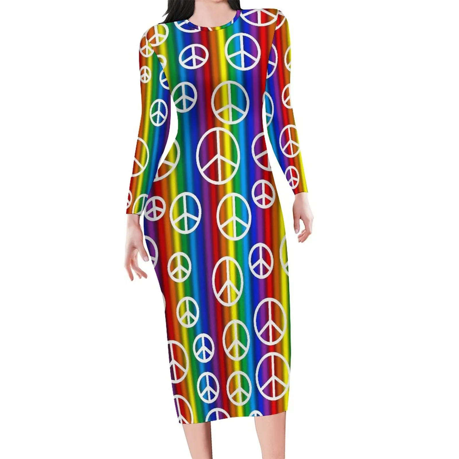 Peace Signs Dress Long Sleeve Bubbles Print Sexy Dresses Summer Women Street Wear Custom Bodycon Dress Large Size