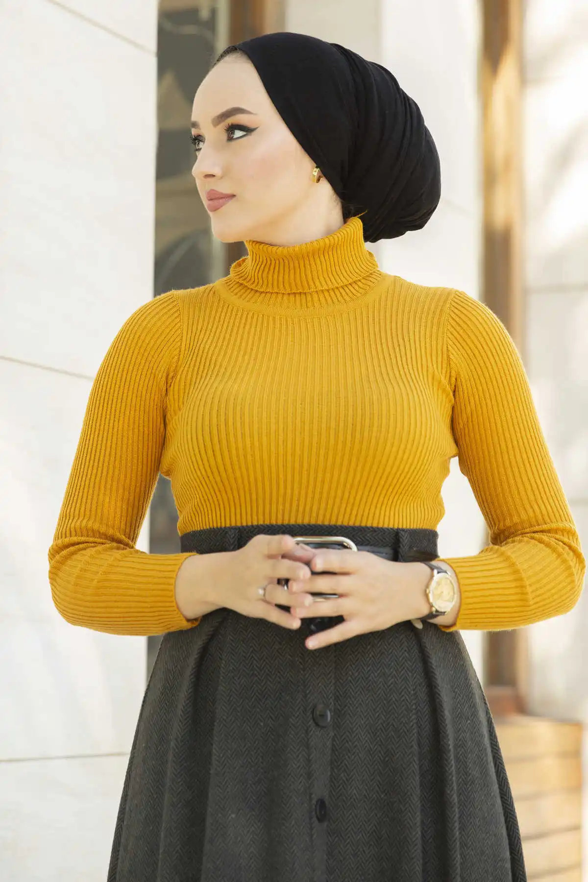 -Throated Knitwear Sweater Mustard Winter Autumn 2021 Muslim Women Hijab headscarf islamic Turkey