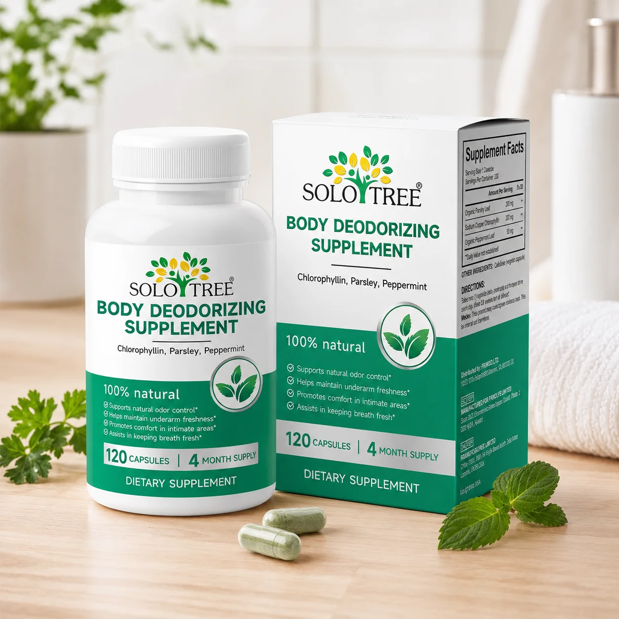SOLO TREE Chlorophyllin Capsules with Parsley & Peppermint Body Freshness Support Daily Wellness Supplement Vegan 120 Capsules
