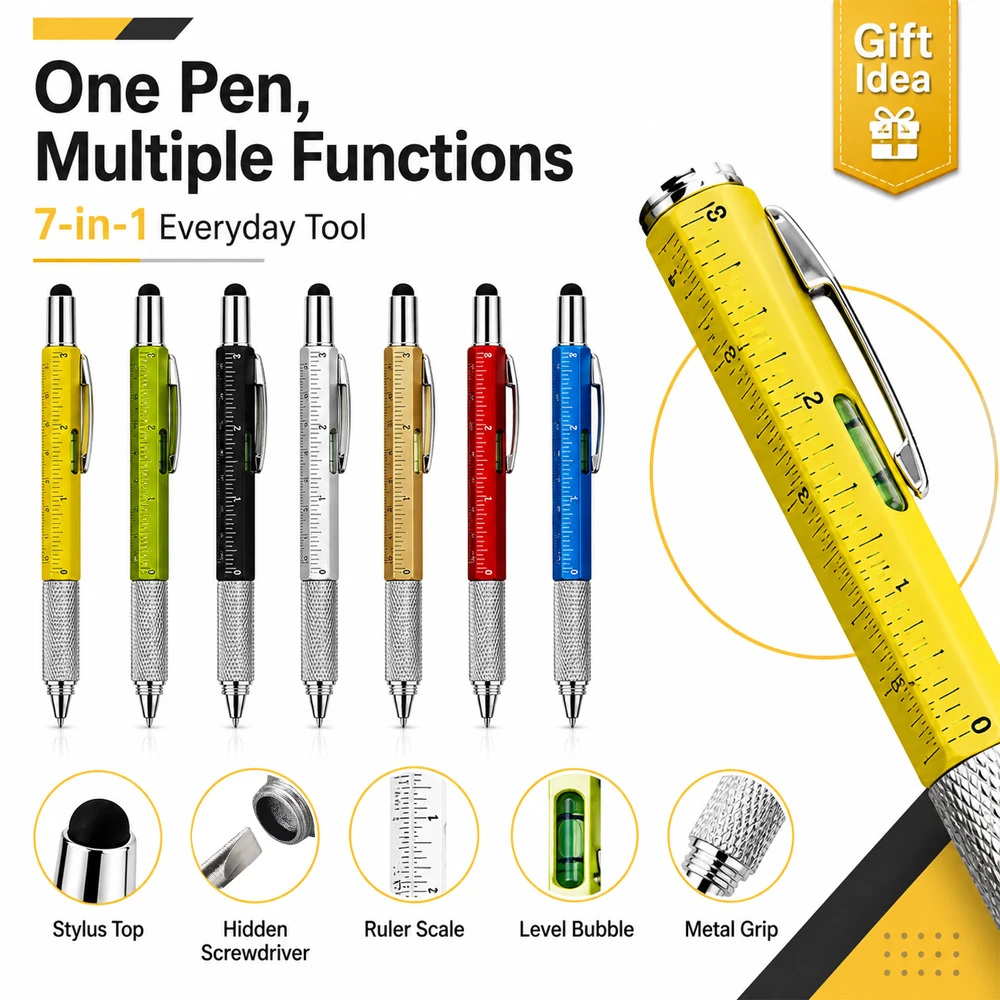 5pcs Multifunctional Ballpoint Pen, Ruler Screwdriver Touch Screen Stylus Spirit Level Measuring Tool, Handys Tech Tool