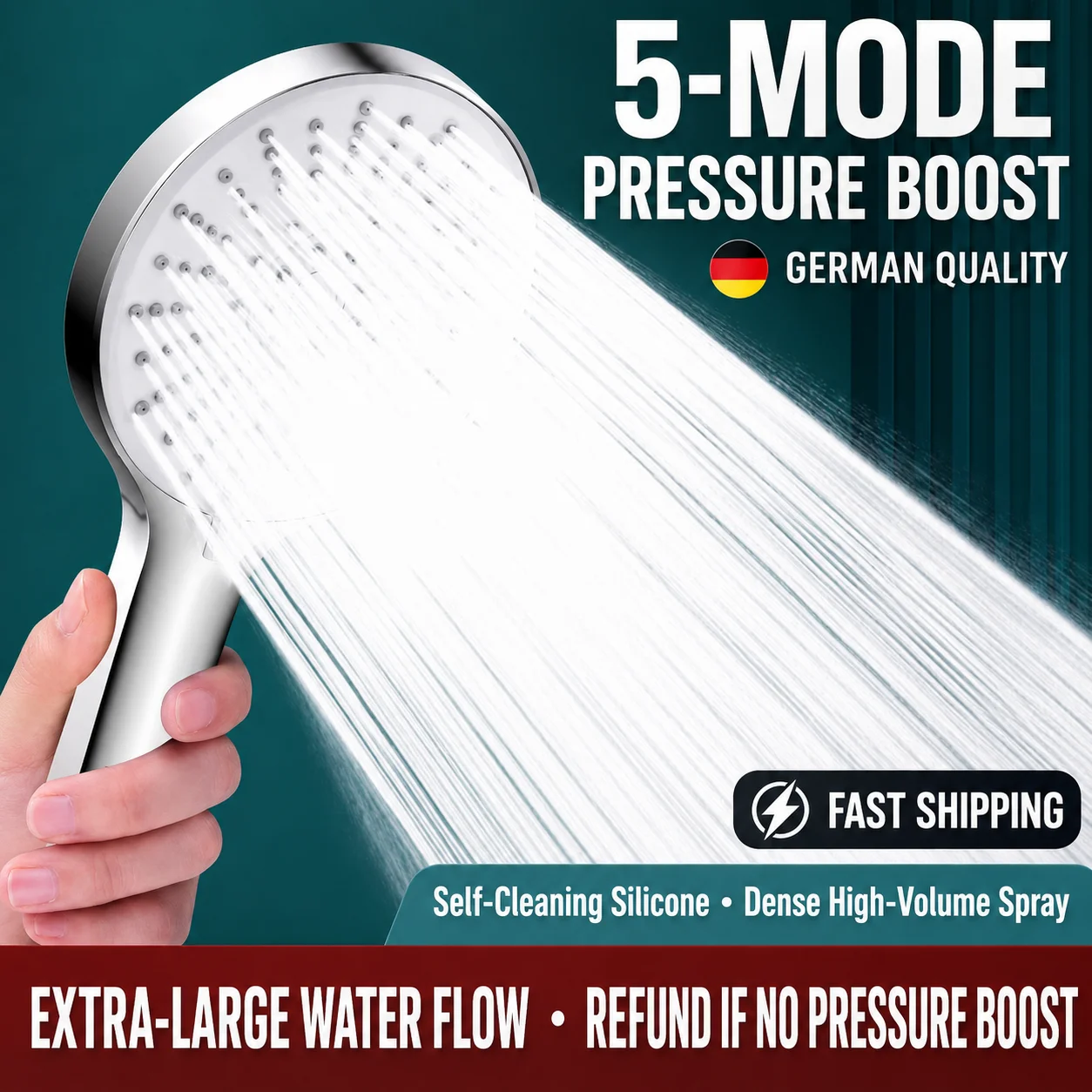 Universal High Pressure Shower Head Handheld Water Saving Booster Showerhead with Silicone Nozzles for Bathroom Accessories