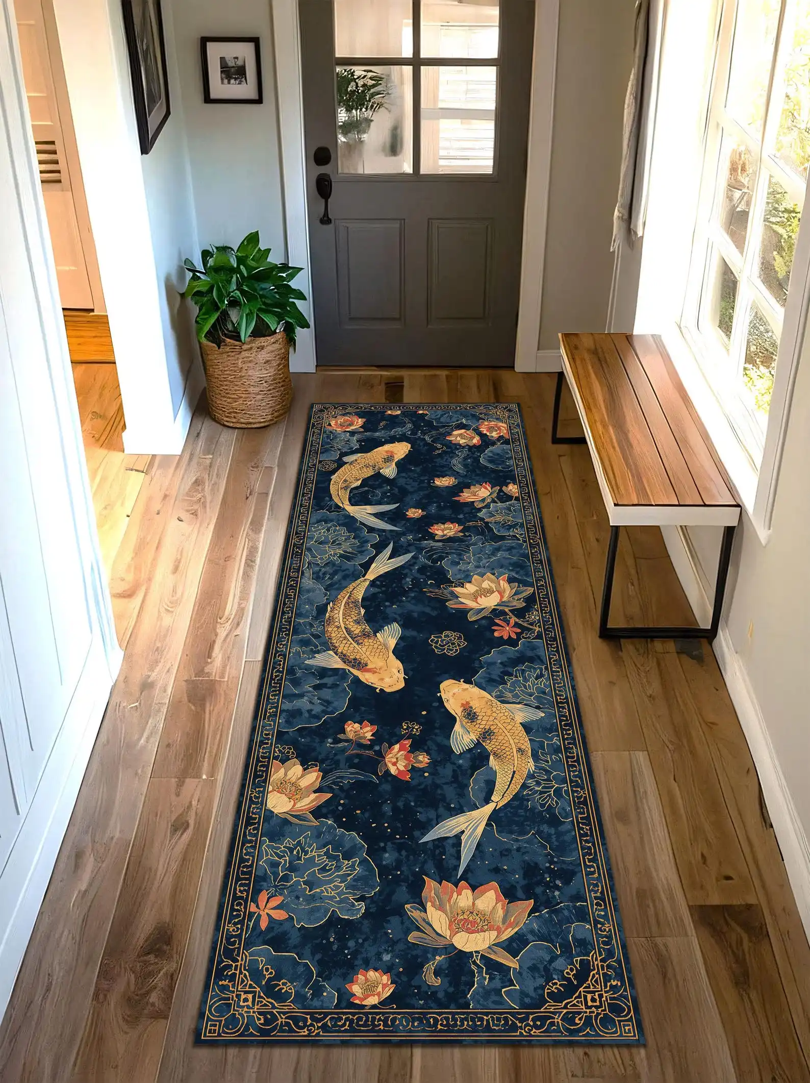 Blue Wooden Board Mandala Runner Rug  Bohemian White Floral Mandala Print Non Slip Kitchen Long Floor Mat