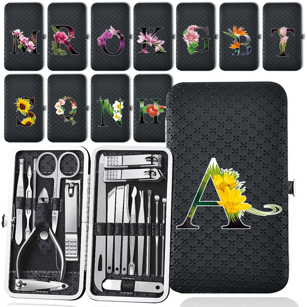 

19 Pcs Nail Clippers Set Storage Box Pedicure Kit Home Essentials Personal Care Nail Clippers Set Flower Color Letter Pattern