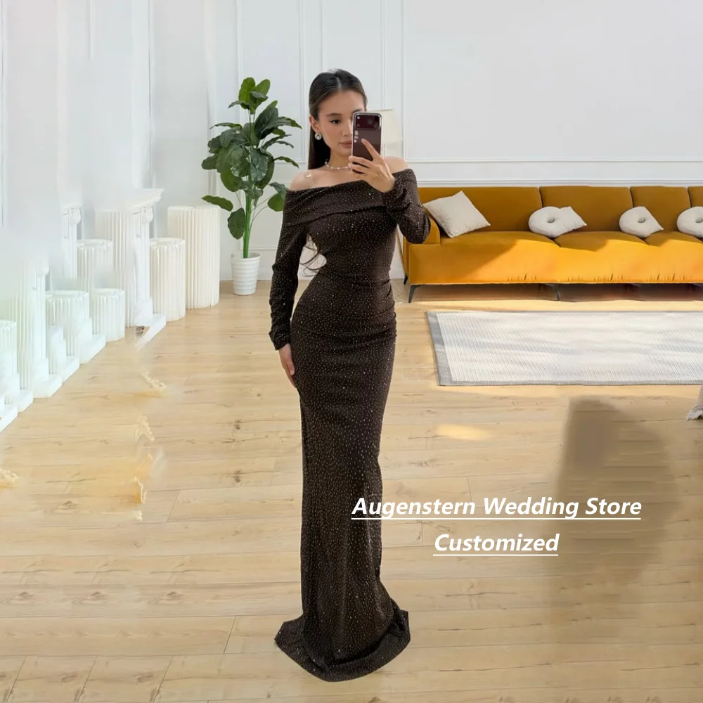 Customized Brown Sparkle Rhinestone Off Shoulder Long Sleeve Mermaid Gown Mother of the Bride Dresses For Wedding Guest