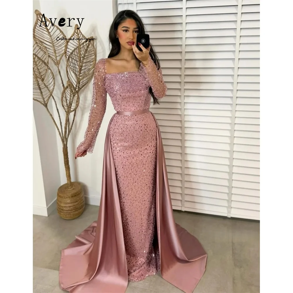 

Avery Customized Pink Fishtail Shiny Long Sleeves Luxury Dresses for Prom Dress Luxury 2025 Women's Evening Dress for Weddings
