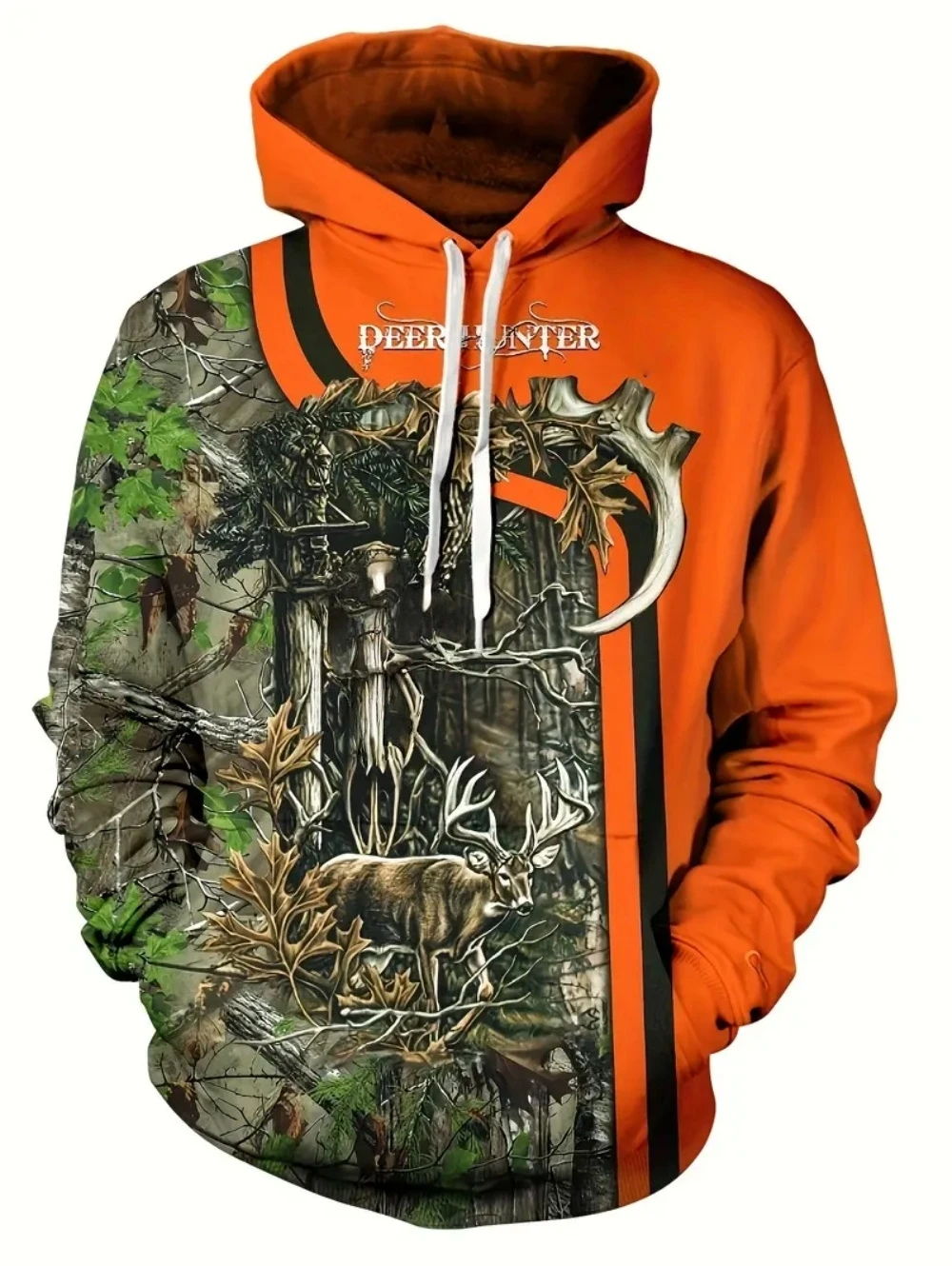 Men's Hoodie Deer Hunting 3D Print Autumn Casual Sweatshirts Vintage Pullover Polyester Tops Outdoor Comfortable Men's Clothing