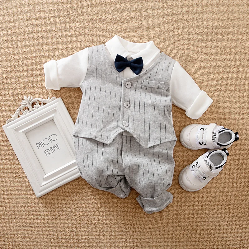 Baby Boys Gentleman bow tie Cotton Clothing Spring and Autumn Children One-Piece  long sleeves Jacket 0-2 years old Rompers