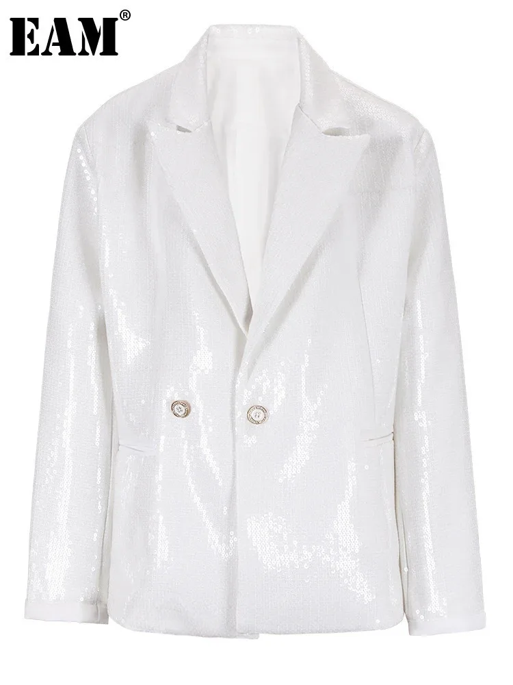 

[EAM] Women White Sequins Shining Big Size Blazer New Lapel Long Sleeve Loose Fit Jacket Fashion Tide Spring Autumn 2024 CPG0612