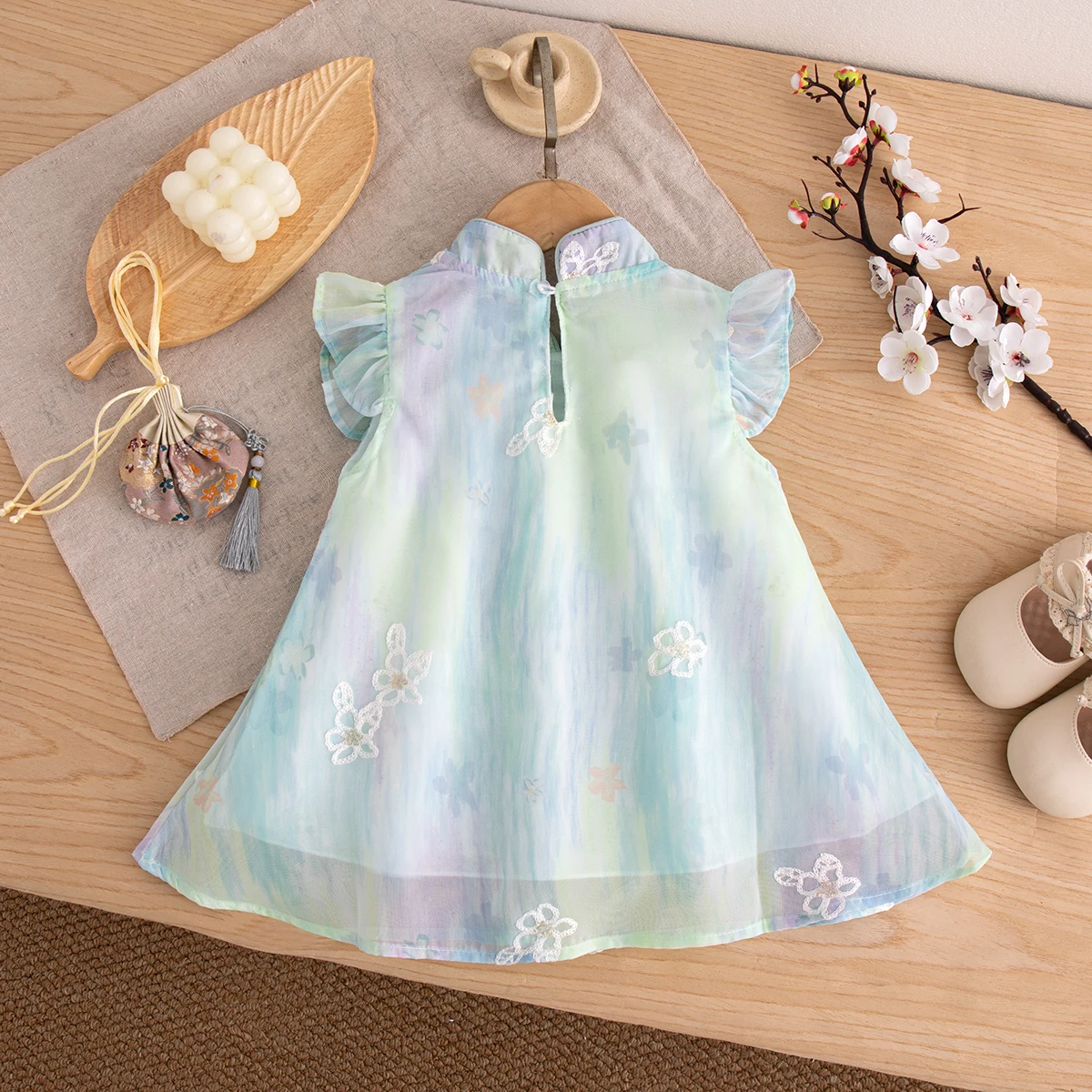 Toddler Girl Chinese Style Qipao Dress Gradient Watercolor Floral Embroidery Sleeveless Dress with Tassel Birthday Gift