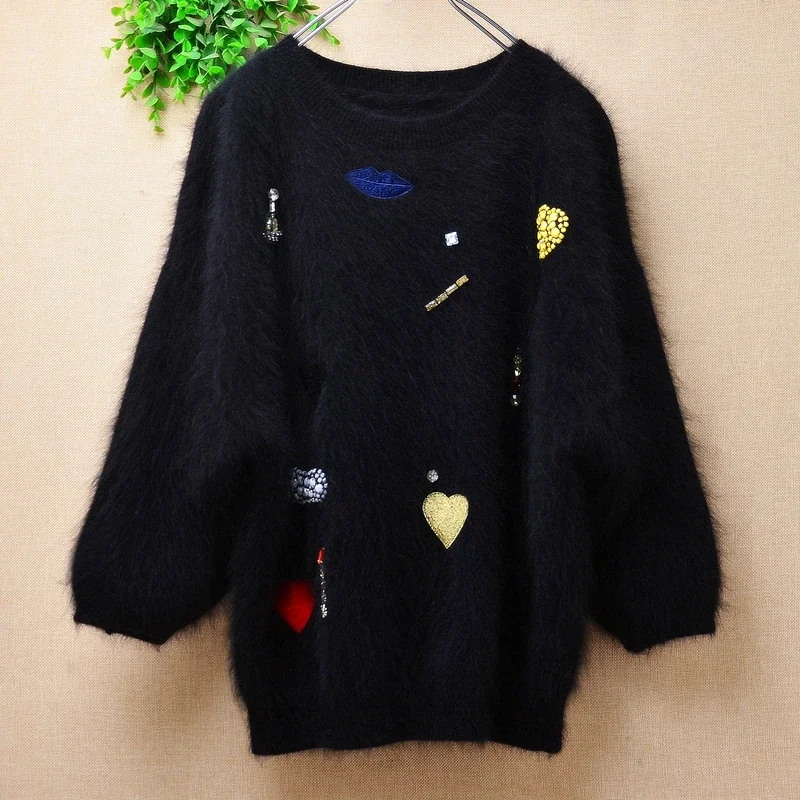 

Ladies Women Fall Winter Beading Embroidery Hairy Mink Cashmere Knitted Three Quarter Sleeves O-Neck Loose Angora Sweater Pull