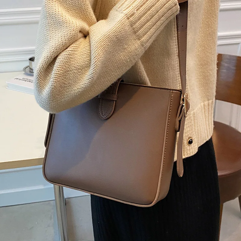 High Quality Textured Bucket Bags Spring Summer Fashionable Pu Leather Solid Color One Shoulder Pack Casual Crossbody Bag