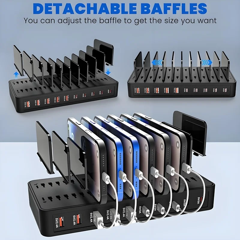 شاحن متعدد المنافذ 100 وات: تصميم حامل 5 منافذ USB و5 منافذ من النوع C يدعم 10 أجهزة في وقت واحد، متوافق مع الهواتف والكمبيوتر اللوحي