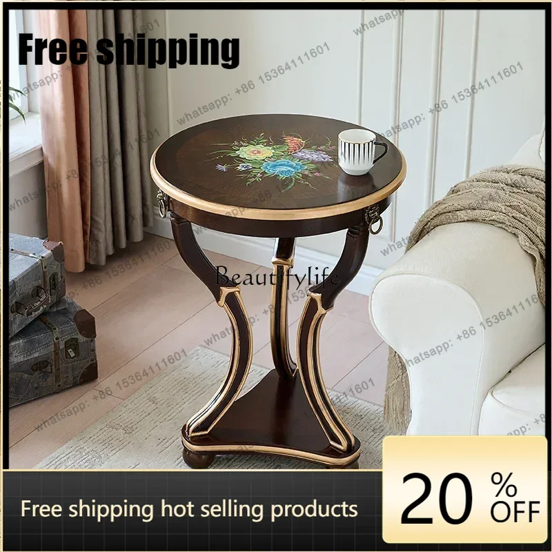 HJ  Painted Retro Small Round Table Solid Wood Edge Few American Sofa Living Room Tea Table