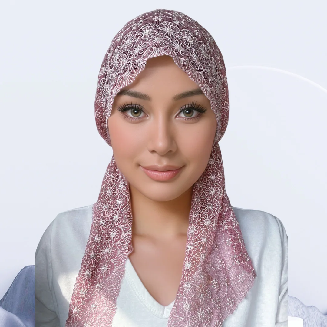 Chapeau foulard en dentelle brodée de luxe – Turban pull pour femmes, couvre-cheveux à la mode et voile de beauté
