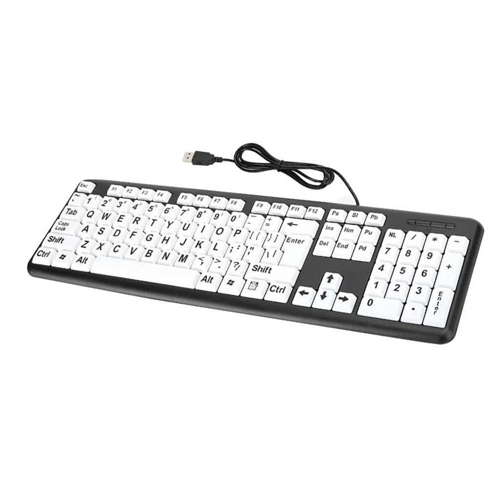 Computer Large Print Wired Keyboard High Contrast Letters USB with 104 Keys Cable Input Equipment Keypad for Elderly