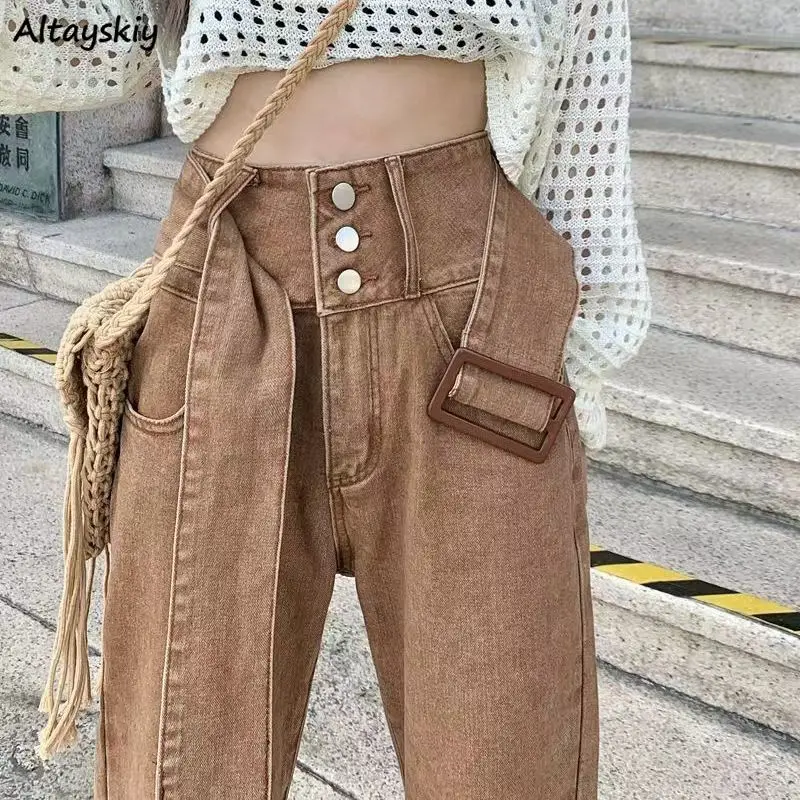 

Spring Autumn Jeans for Women Vintage Streetwear High Waist Wide Leg Trousers Belted Stylish College Loose Casual All-match Chic