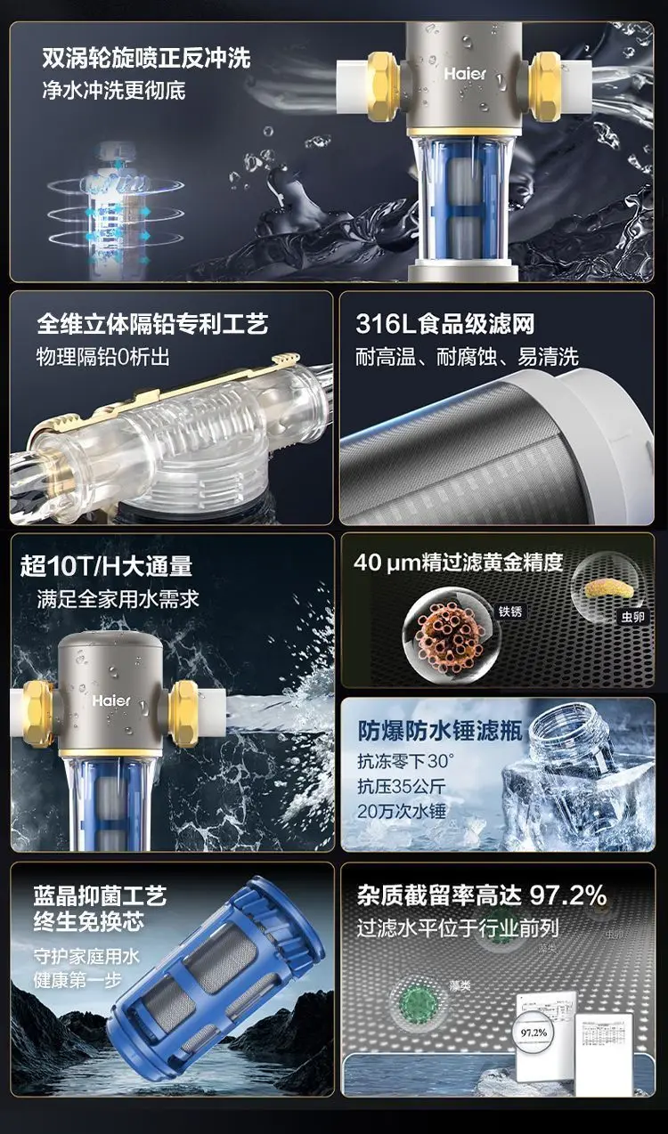 فلتر هاير المسبق لتنقية مياه الصنبور في المنزل بالكامل، غسيل خلفي منزلي أكثر من 10 طن/ساعة، تنقية المياه المركزية