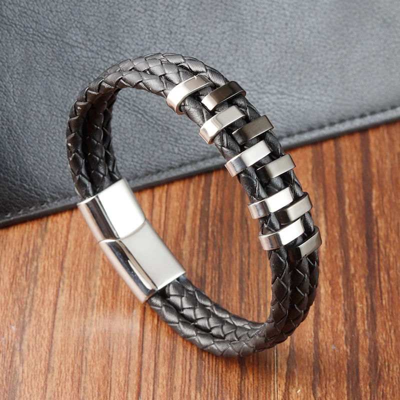 Gothic Luxury Brand Individuation Steel Jewelry Stainless Genuine Men Leather Bracelets