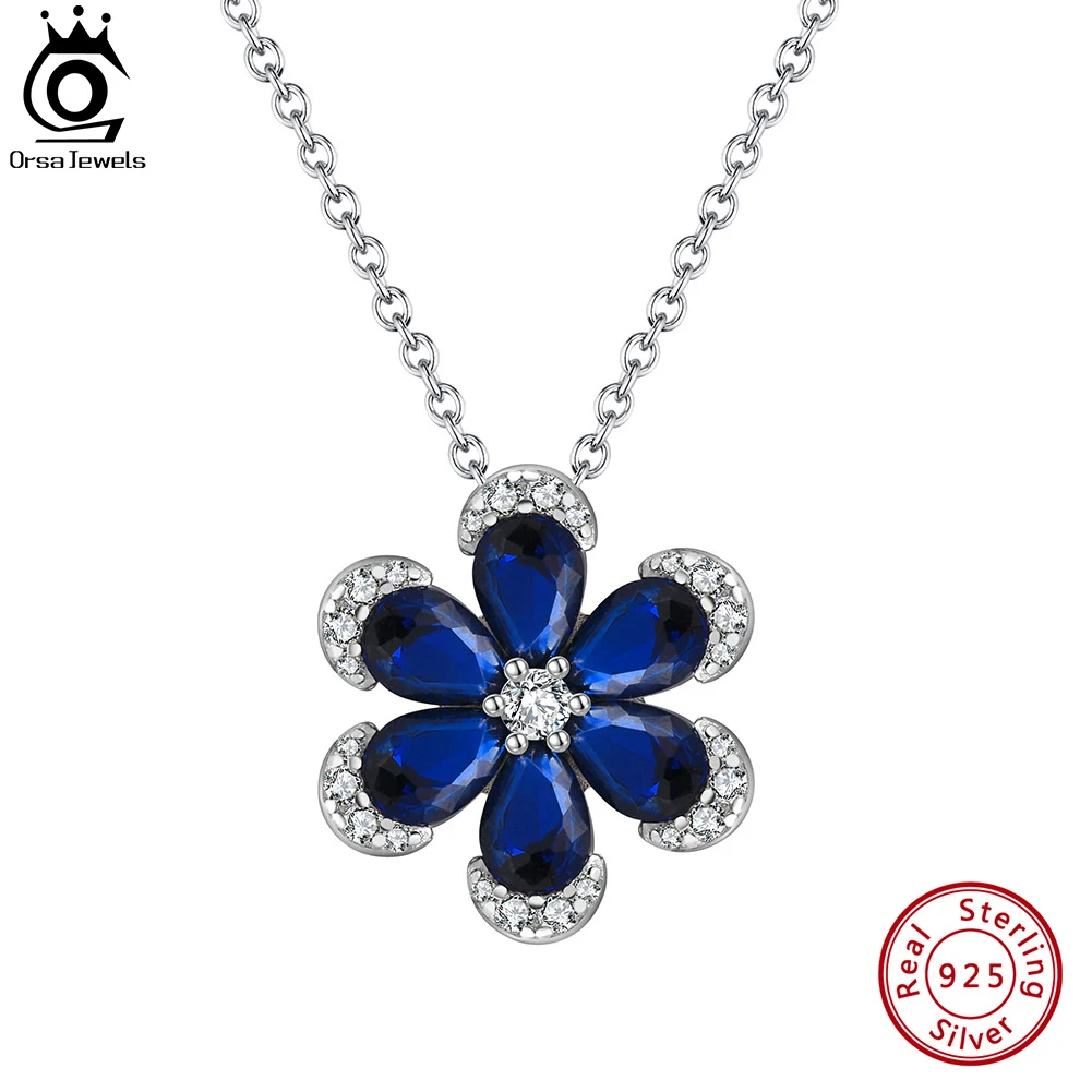 ORSA JEWELS Shiny Created Sapphire Flower Pendant 925 Sterling Silver 5A CZ Necklace Engagement Wedding Jewelry for Women LZN17