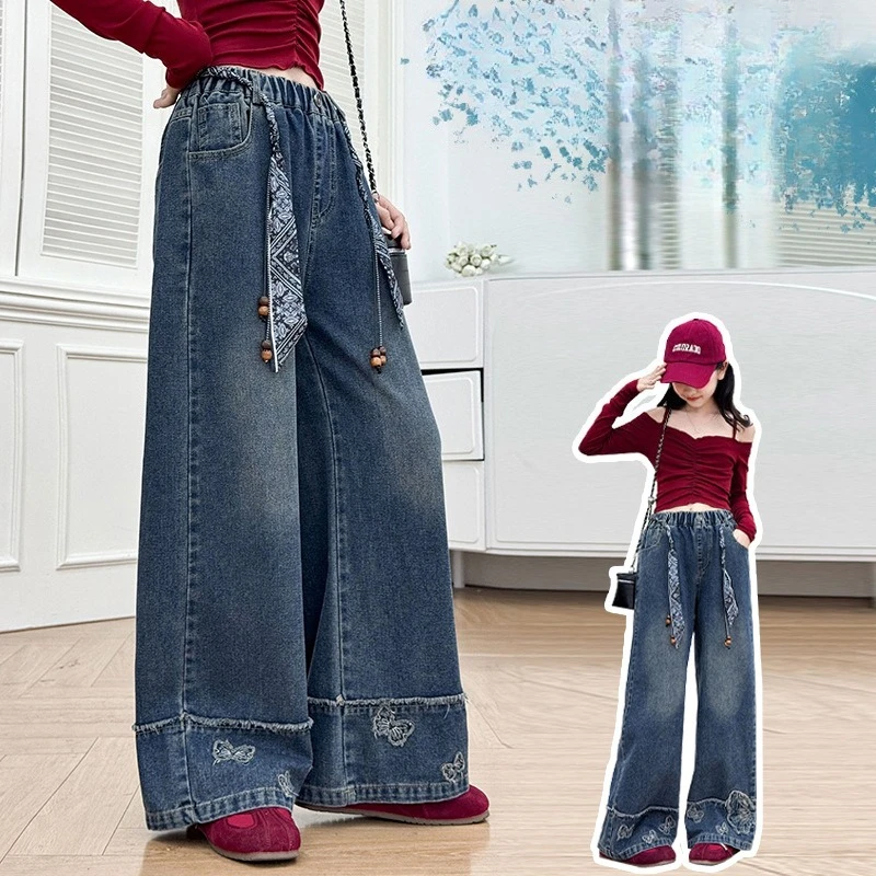 

autumn Korean 4 6 8 10 12 14 teen girls jeans junior kids draping wide leg pants chilfren 3D butterfly denim trousers clothes
