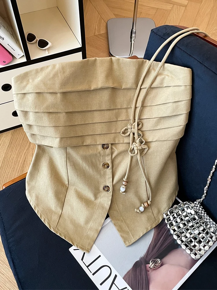 

Advanced design, sexy strapless pleated irregular vest, women's summer new Y2K spicy girl ribbon sleeveless top