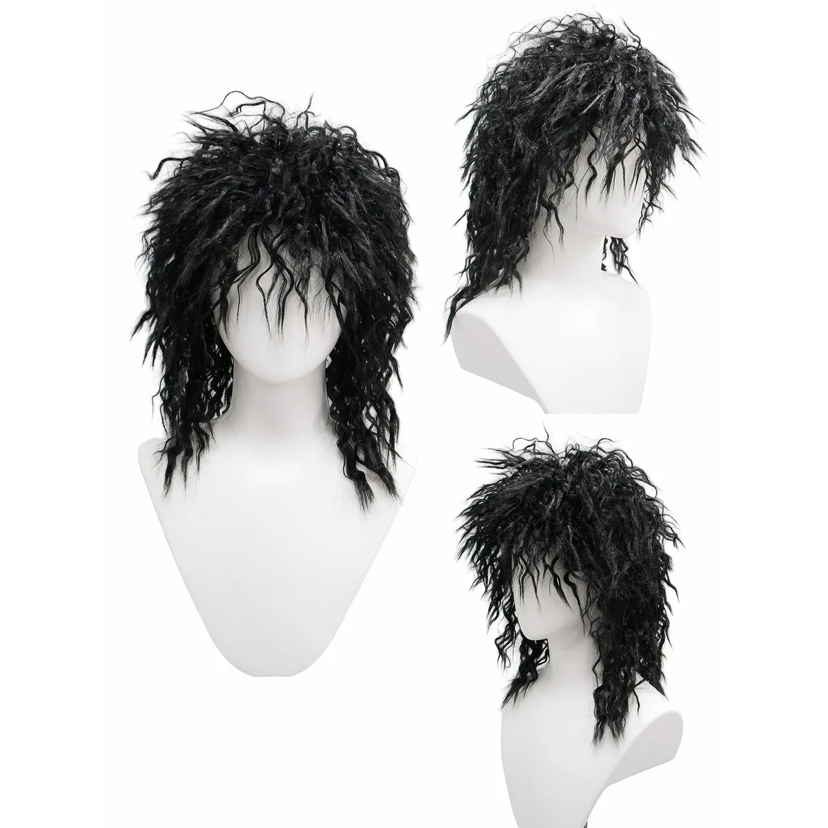 Black Messy Curly Mullet Wig Synthetic Hair Punk Rock Ghost Horror Cosplay Halloween Carnival Costume Party Full Wigs for Adults