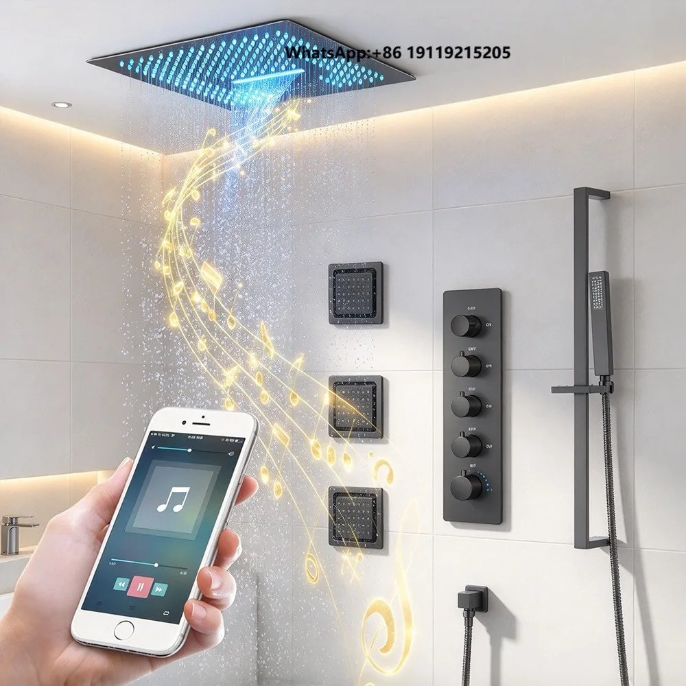 Thermostatic Matte Black Brass Shower Faucet Slide Bar 16-Inch LED Rainfall/Waterfall Shower Head Sound System for Hotel Use