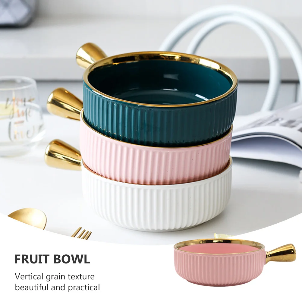 

1Pcs Ceramic Fruit Salad Bowl Eco Friendly Material Heat Insulated Handle Smooth Edges Serving Bowl Food Container