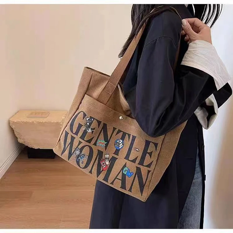 Letter Canvas Shoulder Bag for Women Big Shopper Tote Bags with Zipper Female Handbag