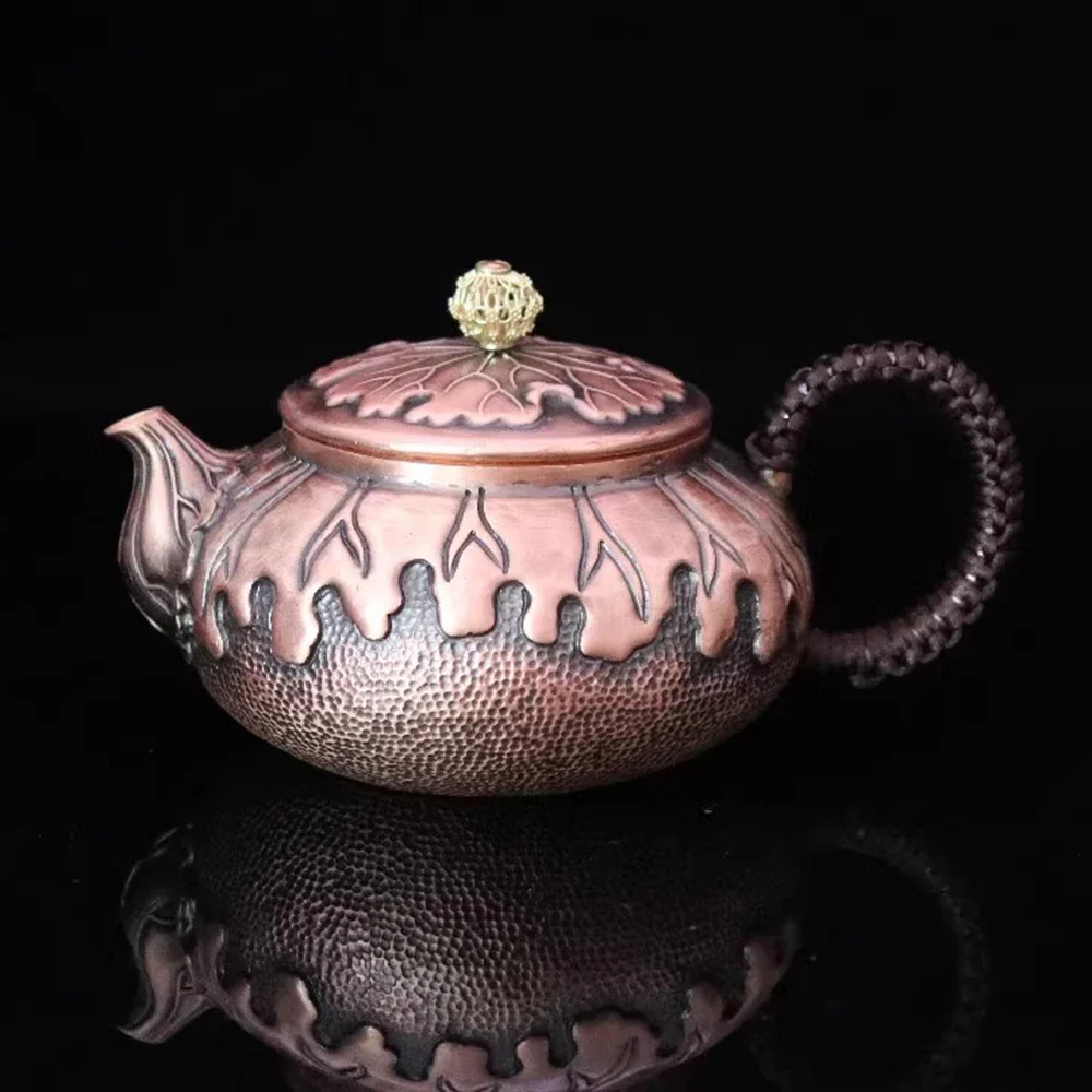 Vintage red copper teapot, Home brewing tea pot, Handmade mini lotus leaf copper pot, Traditional handicrafts tea kettle, 300ml